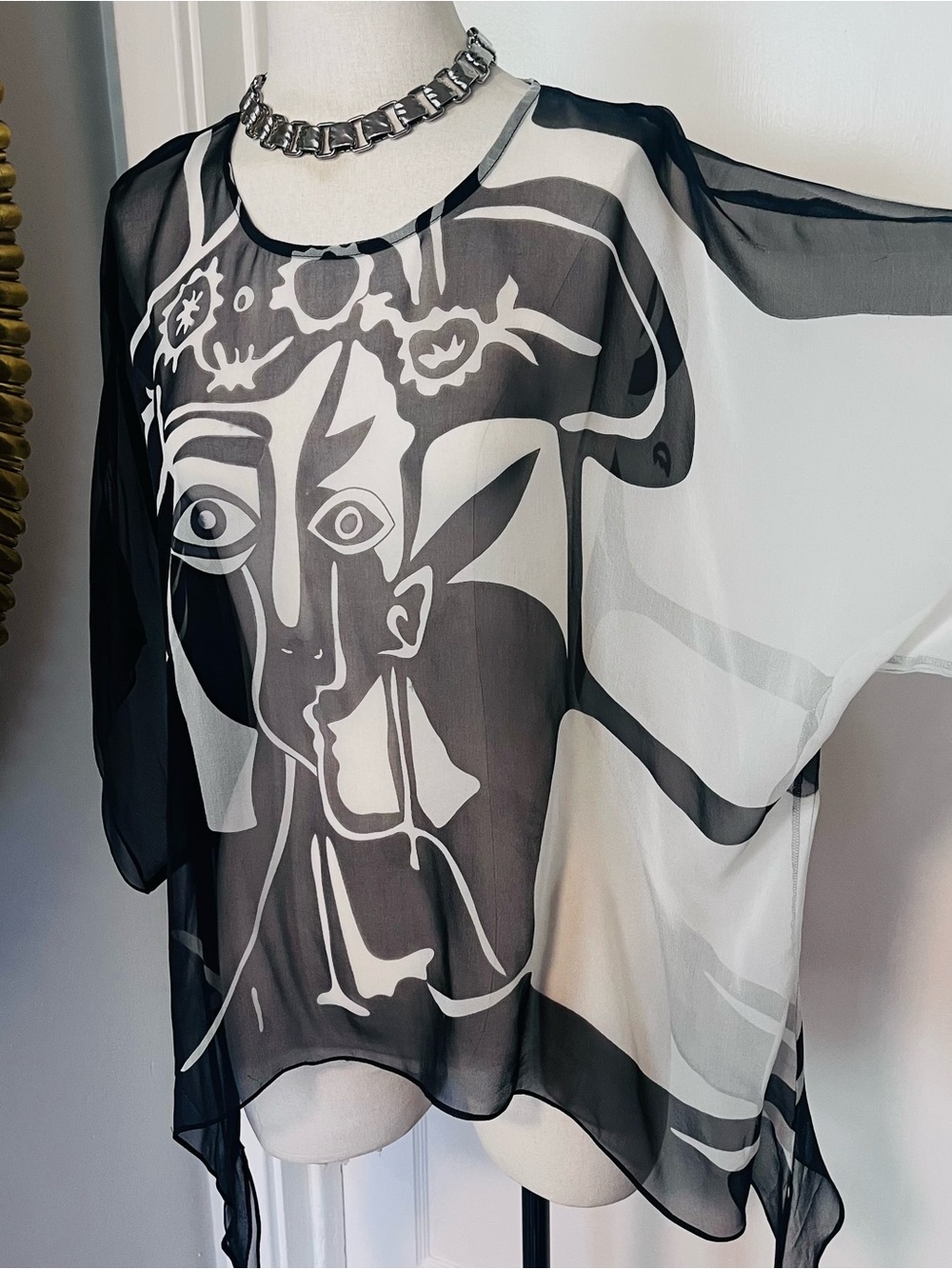 Cocoon House 100% Silk Abstract Face- Black & White Sheer Poncho